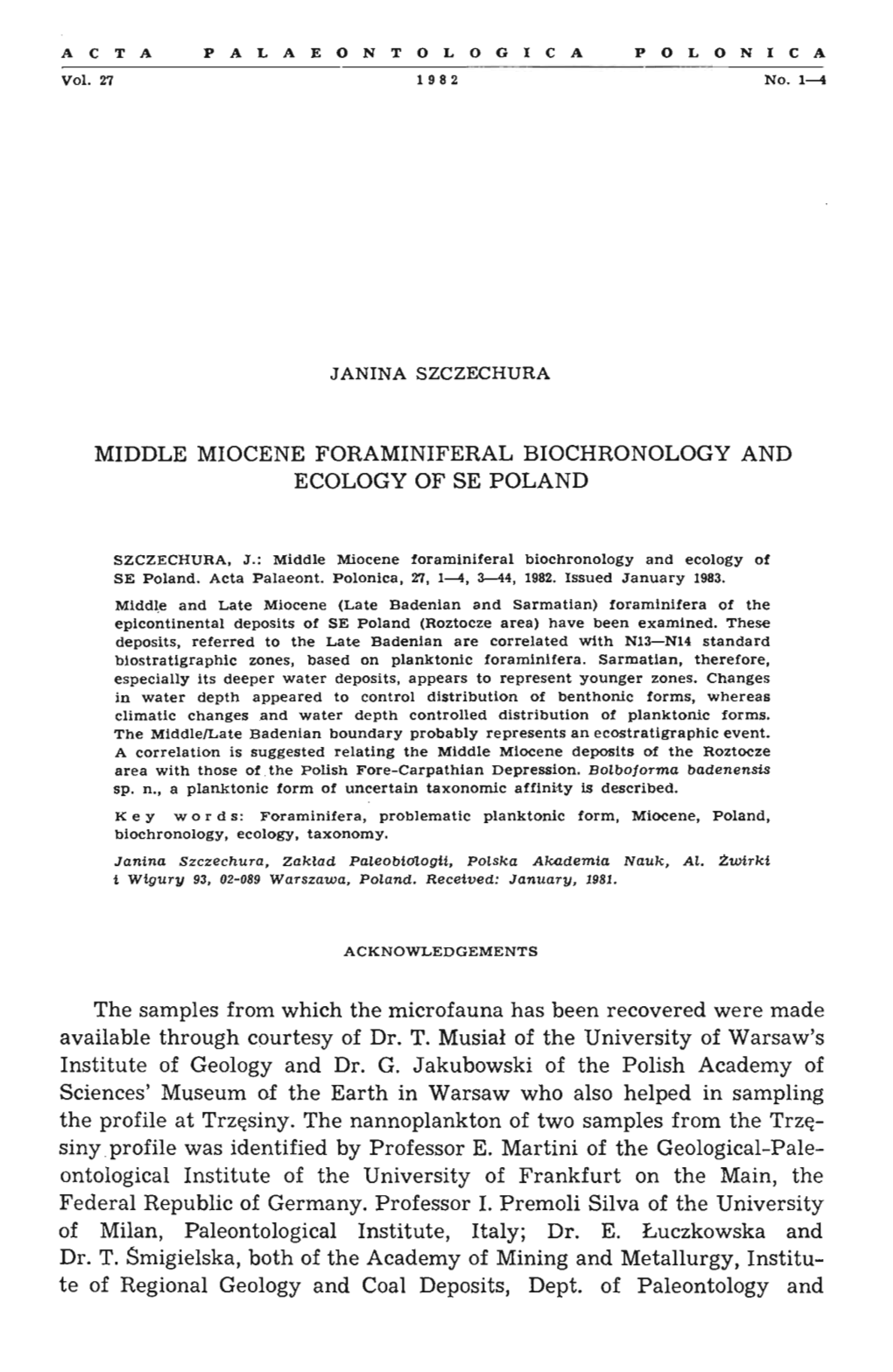 Middle Miocene Foraminiferal Biochronology and Ecology of Se Poland