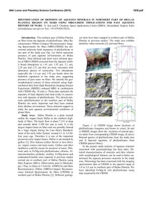 Identification of Deposits of Aqueous Minerals in Northern Part of Hellas Planitia Region on Mars Using Mro-Crism: Implications for Past Aqueous History of Mars