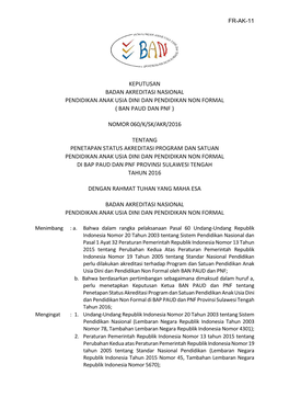 Keputusan Badan Akreditasi Nasional Pendidikan Anak Usia Dini Dan Pendidikan Non Formal ( Ban Paud Dan Pnf ) Nomor 060/K/Sk/Akr