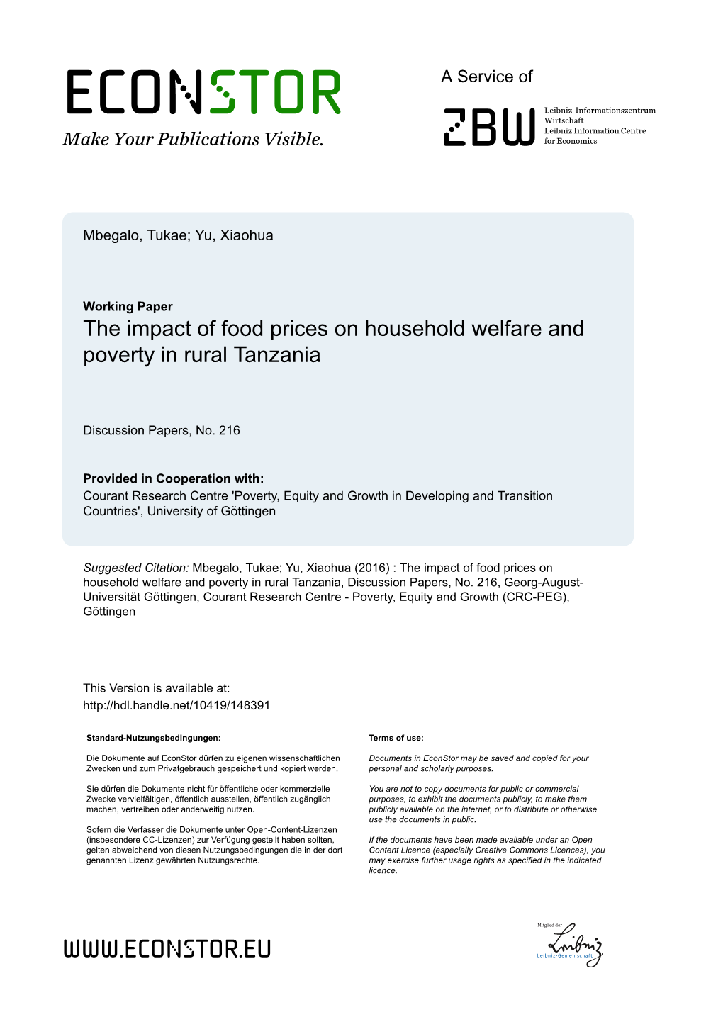 The Impact of Food Prices on Household Welfare and Poverty in Rural Tanzania