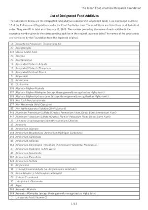 List of Designated Food Additives