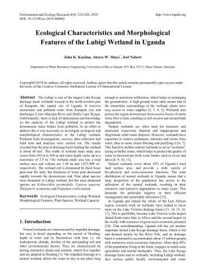 Ecological Characteristics and Morphological Features of the Lubigi Wetland in Uganda