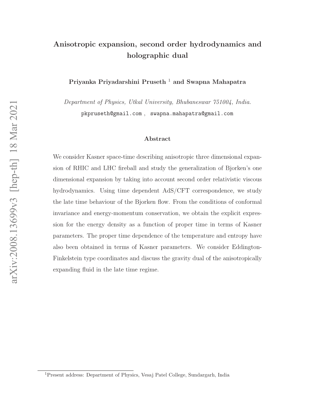 Arxiv:2008.13699V3 [Hep-Th] 18 Mar 2021 1 Rsn Drs:Dprmn Fpyis Ea Ae Olg,S College, Patel Vesaj Physics, of Department Address: Present Xadn Udi H Aetm Regime