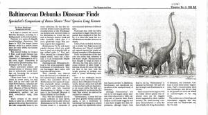 Baltimorean Debunks Dinosaur Finds :Specialist B Comparison of Bones Shows 'New' Species Long Known