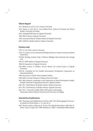 Tekeste Negash Positions Held Selected List of Publications