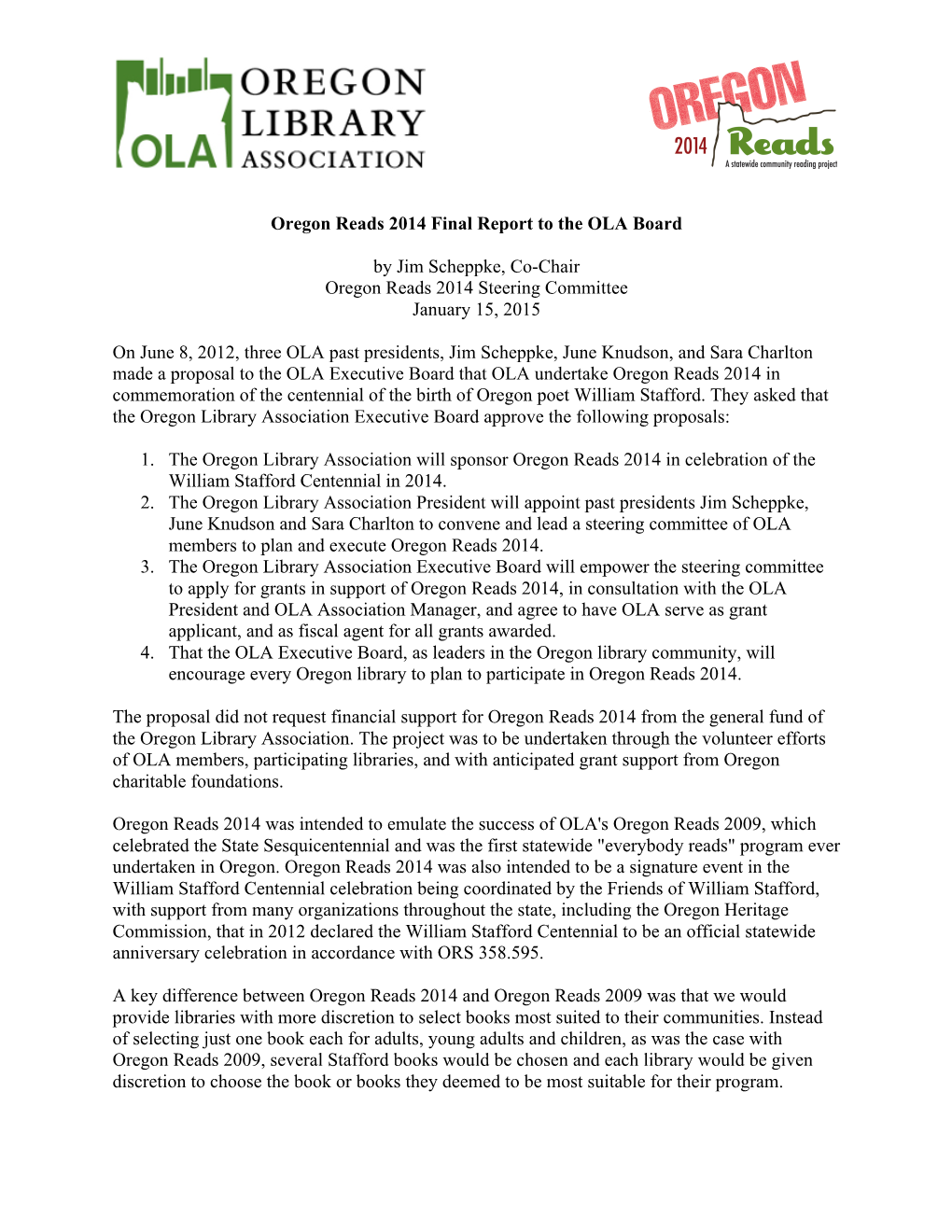 Oregon Reads 2014 Final Report to the OLA Board by Jim Scheppke