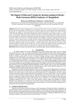 The Impact of Relevant Costing for Decision-Making in Ready- Made Garments (Rmgs) Industry of Bangladesh