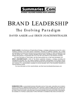 BRAND LEADERSHIP the Evolving Paradigm DAVID AAKER and ERICH JOACHIMSTHALER
