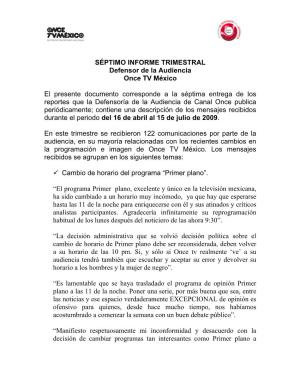 SÉPTIMO INFORME TRIMESTRAL Defensor De La Audiencia Once TV México
