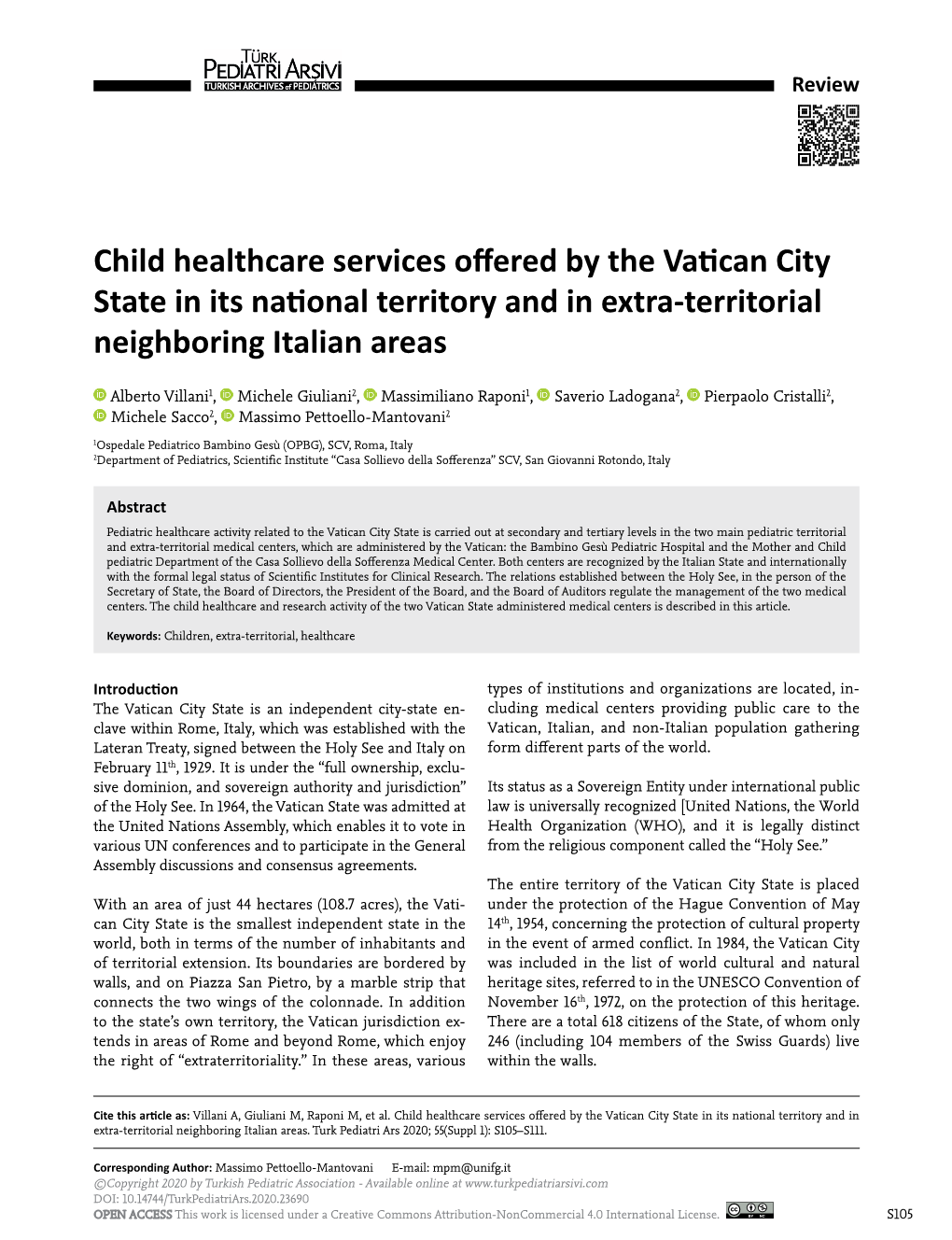 Child Healthcare Services Offered by the Vatican City State in Its National Territory and in Extra-Territorial Neighboring Italian Areas
