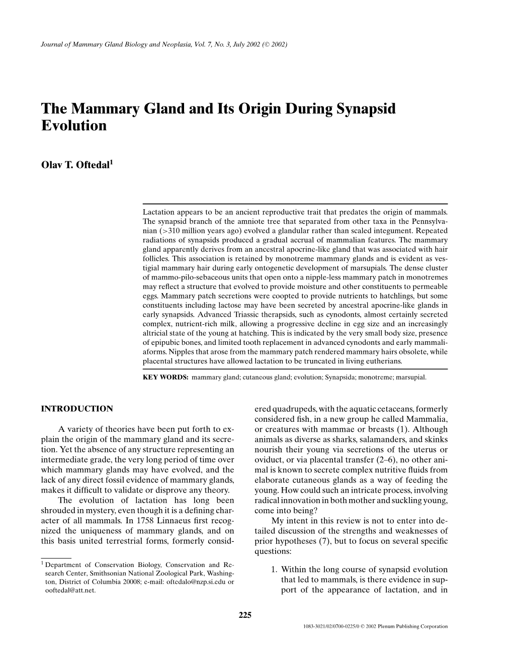 The Mammary Gland and Its Origin During Synapsid Evolution - DocsLib