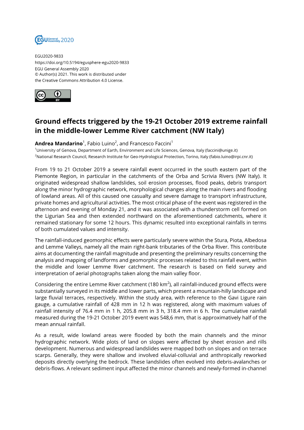 Ground Effects Triggered by the 19-21 October 2019 Extreme Rainfall in the Middle-Lower Lemme River Catchment (NW Italy)