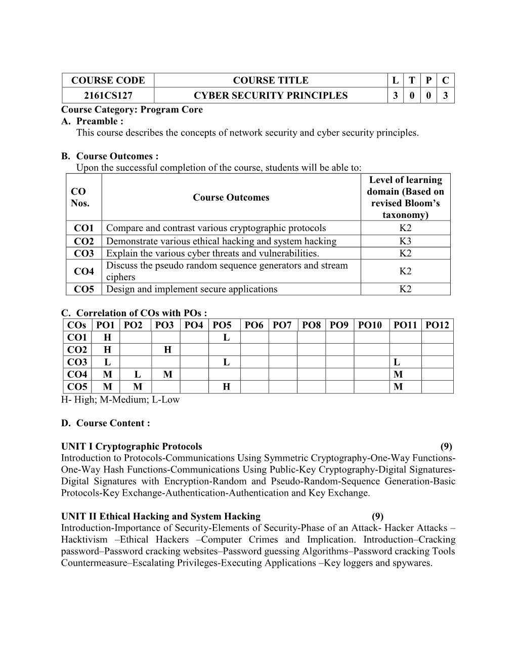 COURSE CODE COURSE TITLE L T P C 2161CS127 CYBER SECURITY PRINCIPLES 3 0 0 3 Course Category: Program Core A