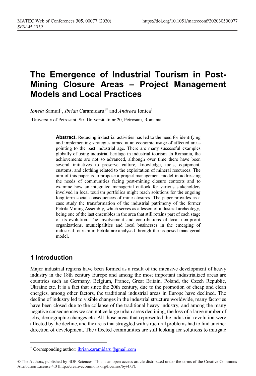 The Emergence of Industrial Tourism in Post-Mining Closure Areas – Project Management Models and Local Practices