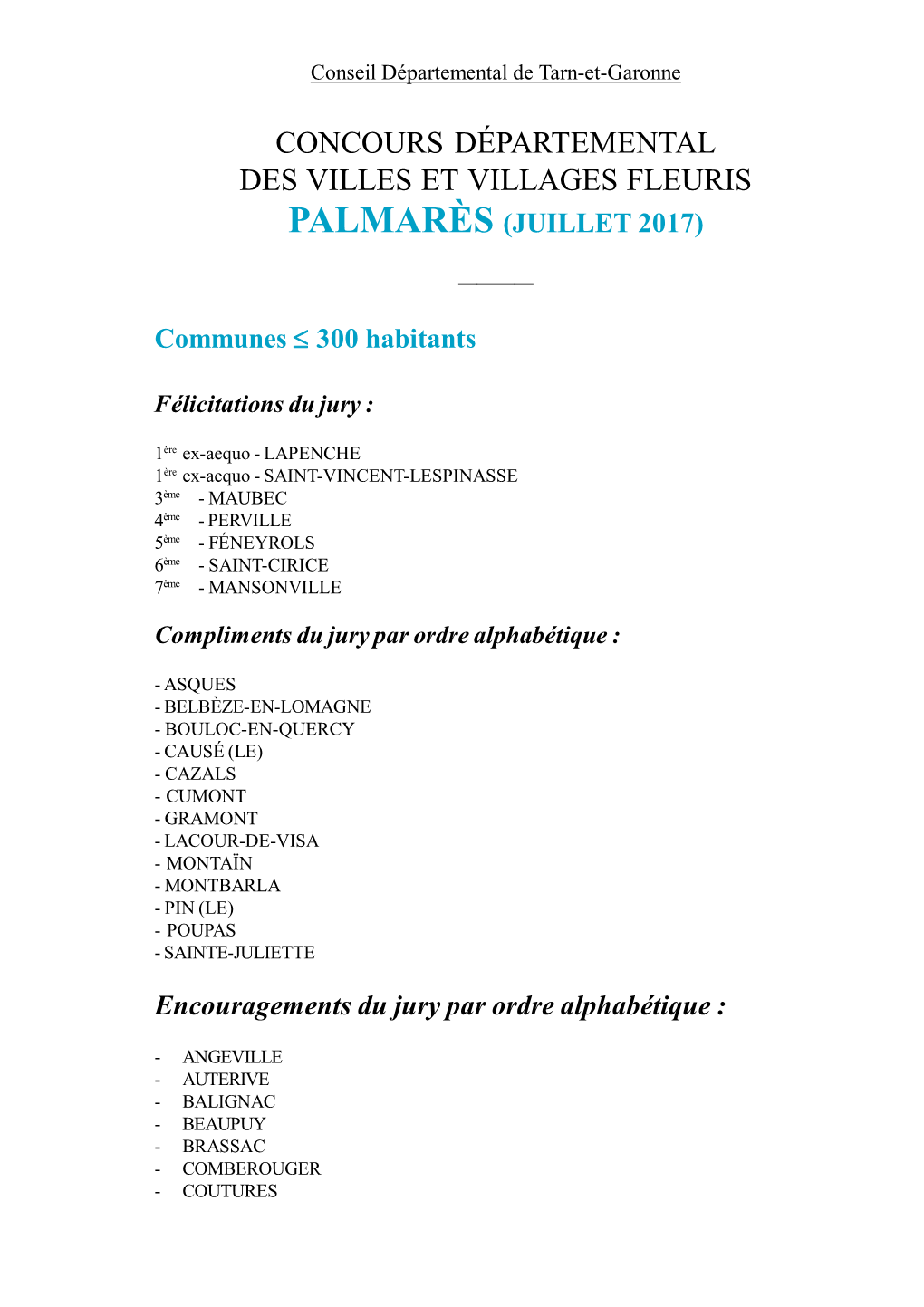 Concours Départemental Des Villes Et Villages Fleuris Palmarès (Juillet 2017) ____
