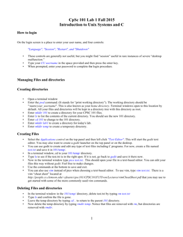 Cpsc 101 Lab 1 Fall 2015 Introduction to Unix Systems and C