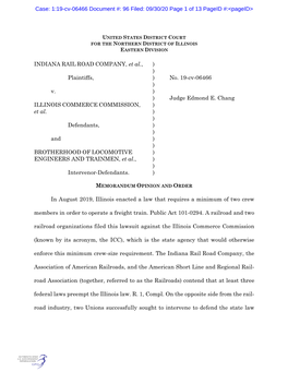 INDIANA RAIL ROAD COMPANY, Et Al., ) ) Plaintiffs, ) No. 19-Cv-06466 ) V