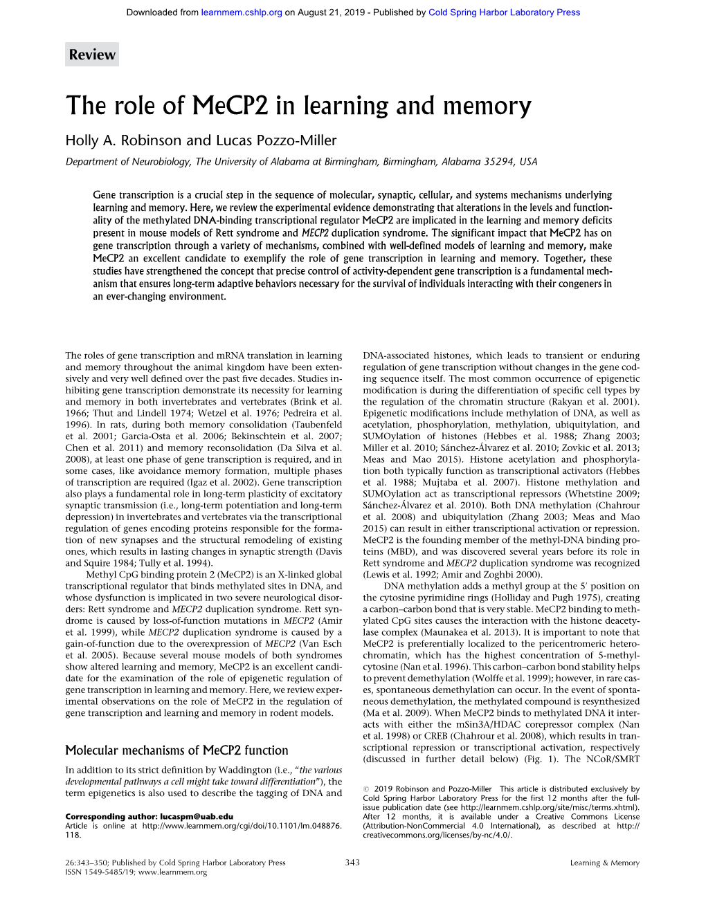 The Role of Mecp2 in Learning and Memory