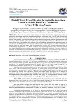 Effects of Rural–Urban Migration by Youths on Agricultural Labour in Aniocha South Local Government Area of Delta State, Nigeria