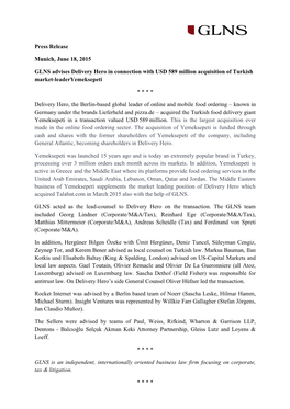 Press Release Munich, June 18, 2015 GLNS Advises Delivery Hero In