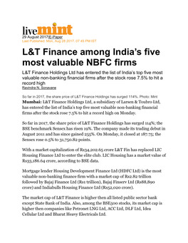 L&T Finance Among India's Five Most Valuable NBFC Firms