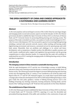 THE OPEN UNIVERSITY of CHINA and CHINESE APPROACH to a SUSTAINABLE and LEARNING SOCIETY Yanwei Qi, Wei Li, the Open University of China, China