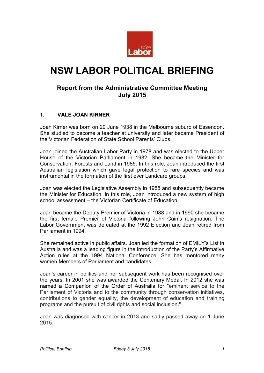 Nsw Labor Political Briefing