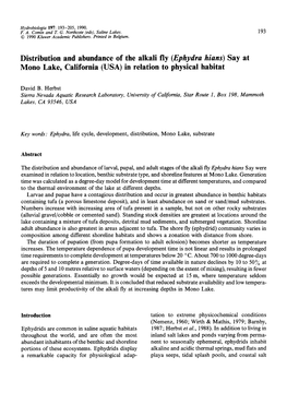 Ephydra Hians) Say at Mono Lake, California (USA) in Relation to Physical Habitat