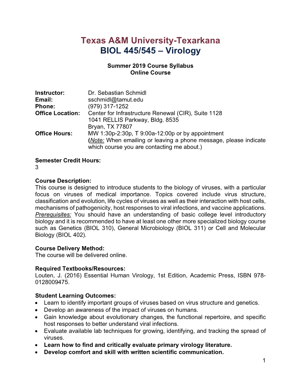 Texas A&M University-Texarkana BIOL 445/545 – Virology