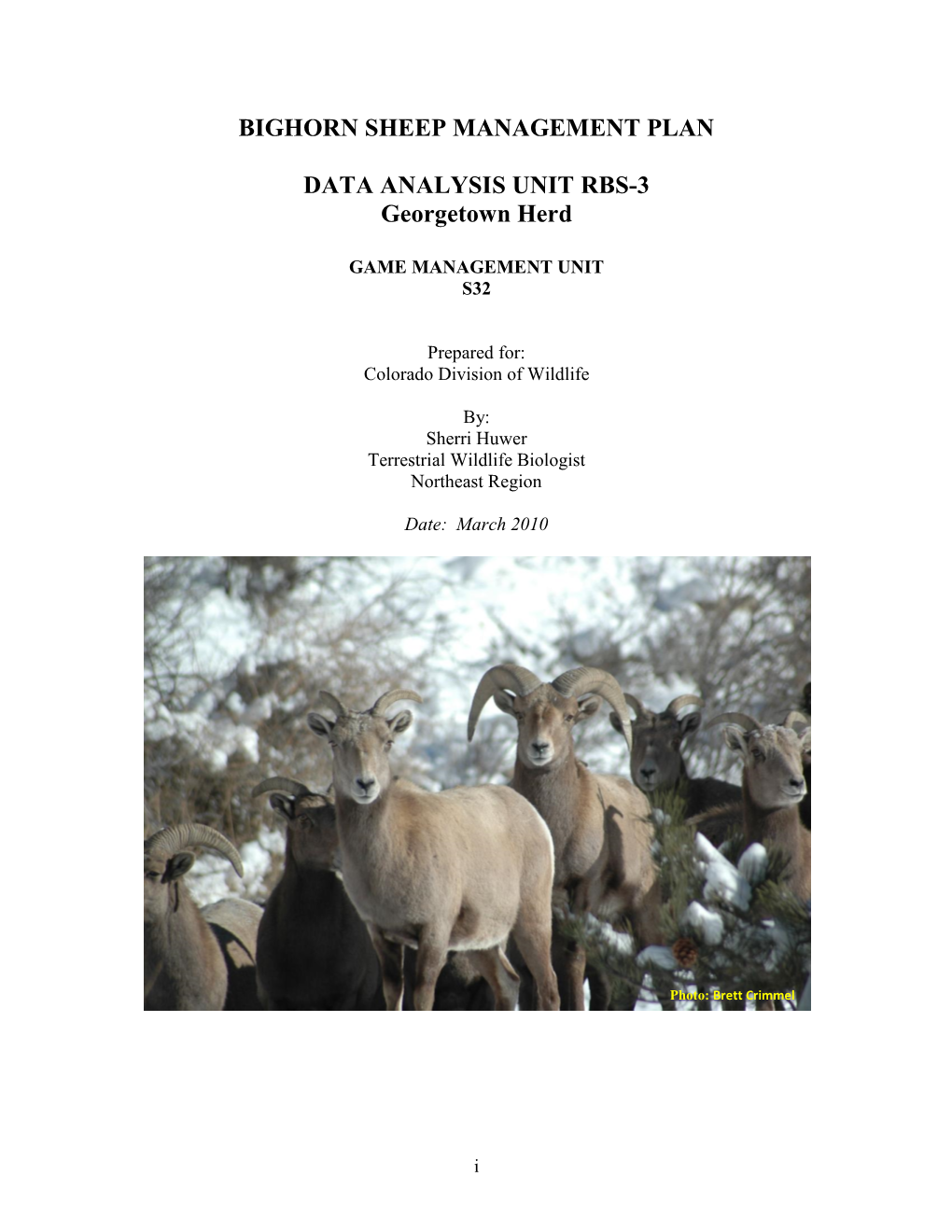 BIGHORN SHEEP MANAGEMENT PLAN for Data Analysis Unit RBS-3