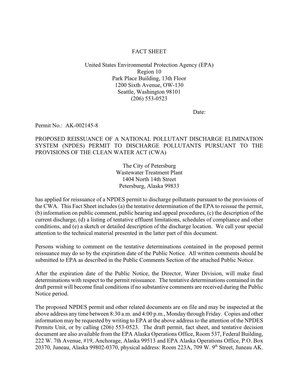 The City of Petersburg WWTP, NPDES Permit #AK0021458