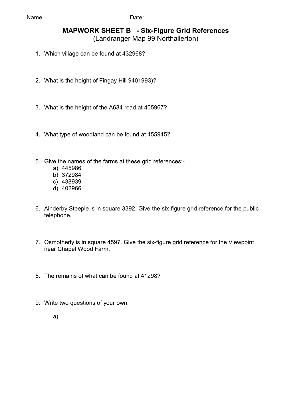 MAPWORK SHEET B - Six-Figure Grid References