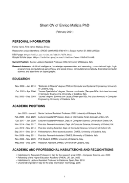 Short CV of Enrico Malizia Phd