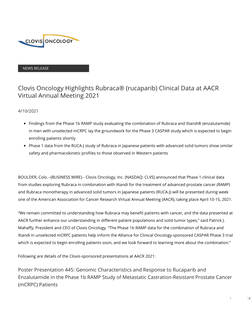 Clovis Oncology Highlights Rubraca® (Rucaparib) Clinical Data at AACR Virtual Annual Meeting 2021