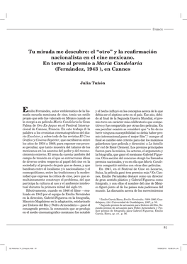 Y La Reafirmación Nacionalista En El Cine Mexicano. En Torno Al Premio a María Candelaria
