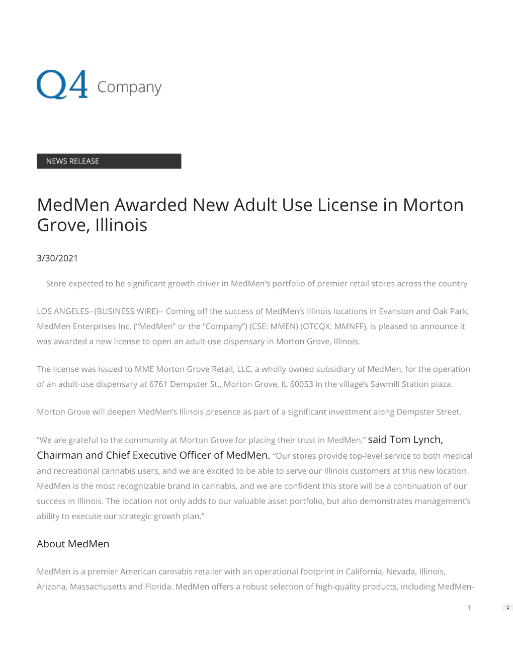 Medmen Awarded New Adult Use License in Morton Grove, Illinois