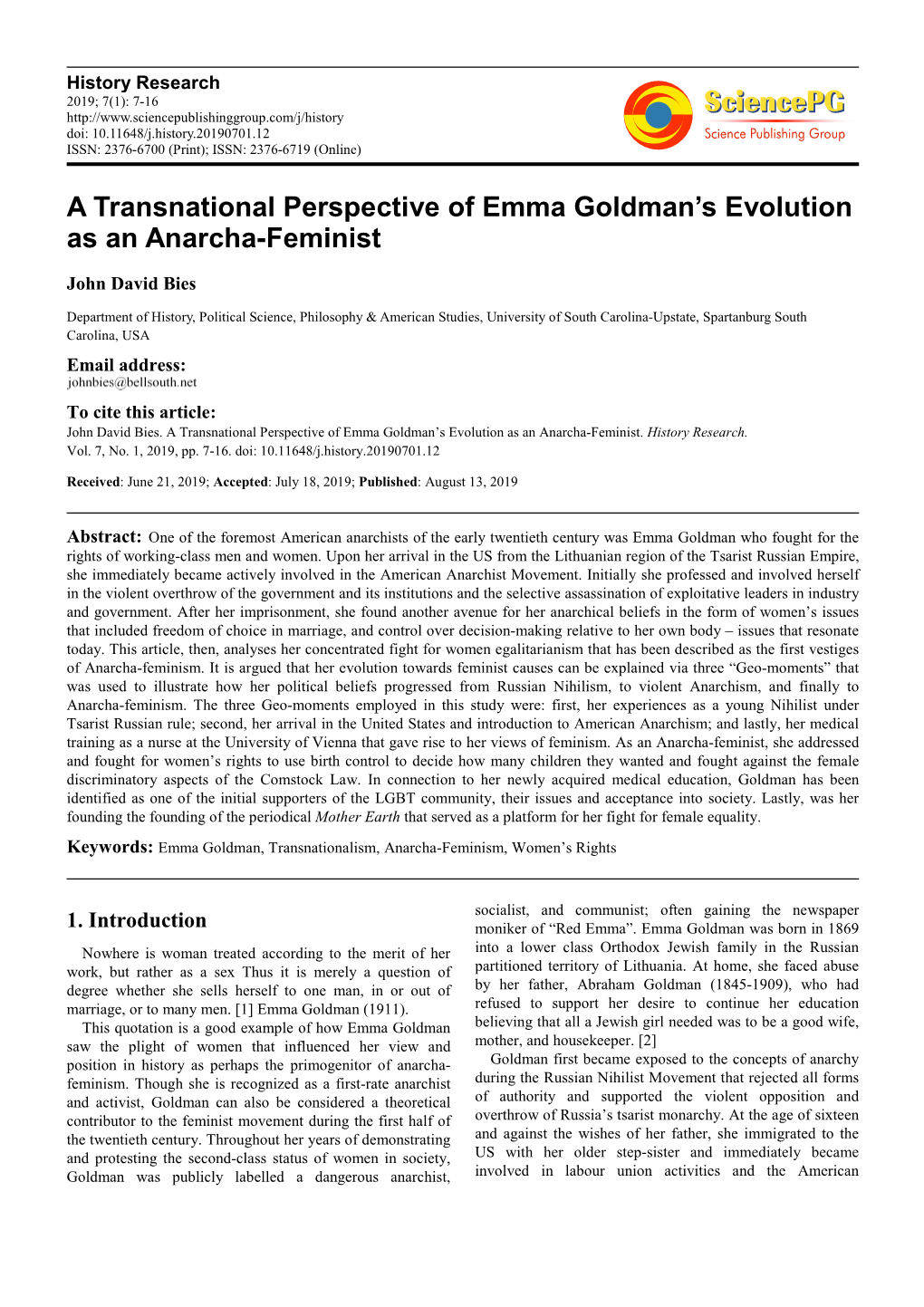 A Transnational Perspective of Emma Goldman's Evolution As an Anarcha