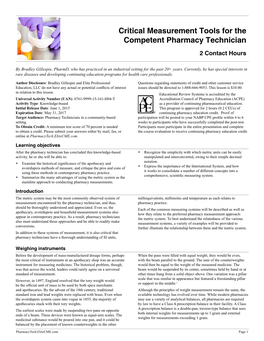 Critical Measurement Tools for the Competent Pharmacy Technician 2 Contact Hours