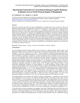 Operational Constraints in Conventional Managed Aquifer Recharge in Barind Area at North-Western Region of Bangladesh