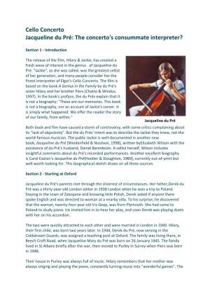 Cello Concerto Jacqueline Du Pré: the Concerto's Consummate Interpreter?