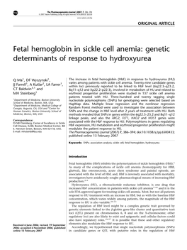 Fetal Hemoglobin in Sickle Cell Anemia: Genetic Determinants of Response to Hydroxyurea