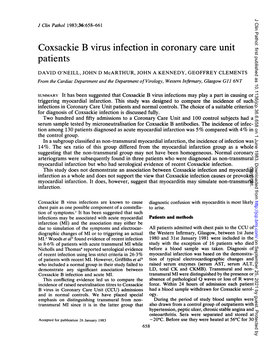 Coxsackie B Virus Infection in Coronary Care Unit Patients