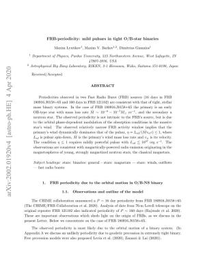 Arxiv:2002.01920V4 [Astro-Ph.HE] 4 Apr 2020 the CHIME Collaboration Announced a P = 16 Day Periodicity from FRB 180916.J0158+65 (The CHIME/FRB Collaboration Et Al