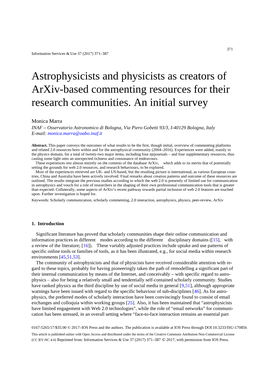 Astrophysicists and Physicists As Creators of Arxiv-Based Commenting Resources for Their Research Communities. an Initial Survey