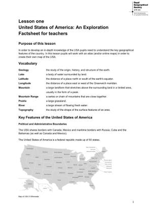 Lesson One United States of America: an Exploration Factsheet for Teachers