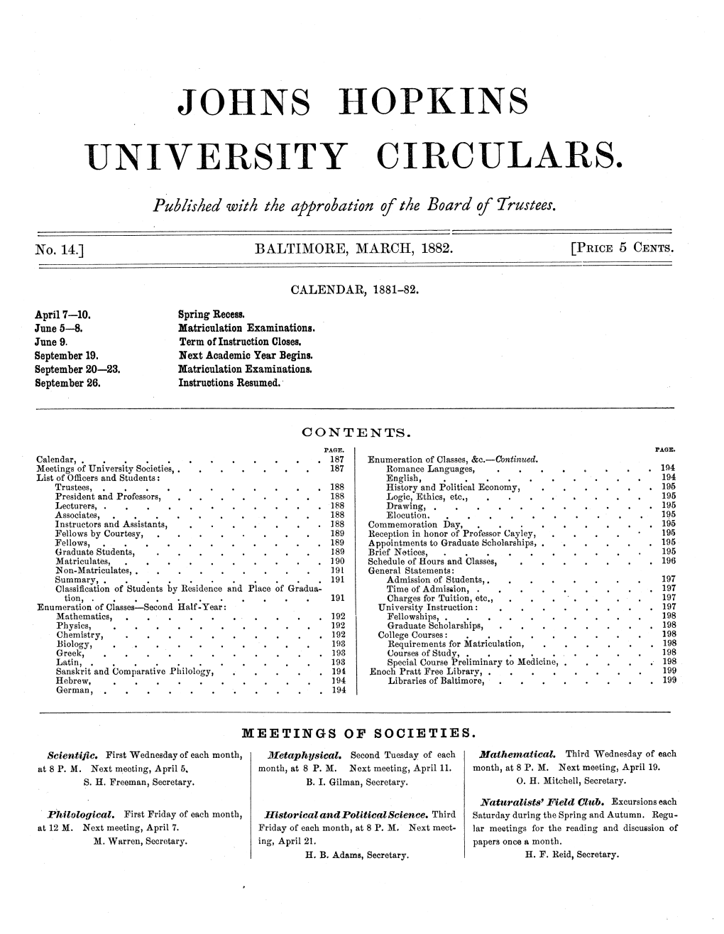 Johns Hopkins University Circulars