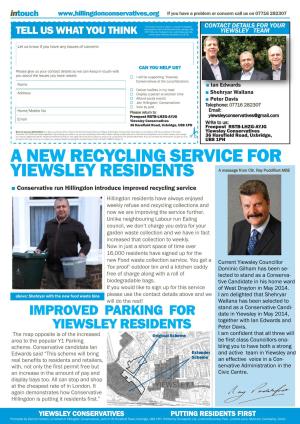 A NEW RECYCLING SERVICE for YIEWSLEY RESIDENTS a Message from Cllr