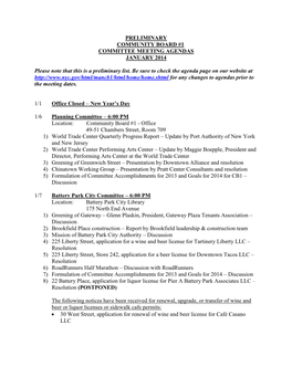 Preliminary Community Board #1 Committee Meeting Agendas January 2014