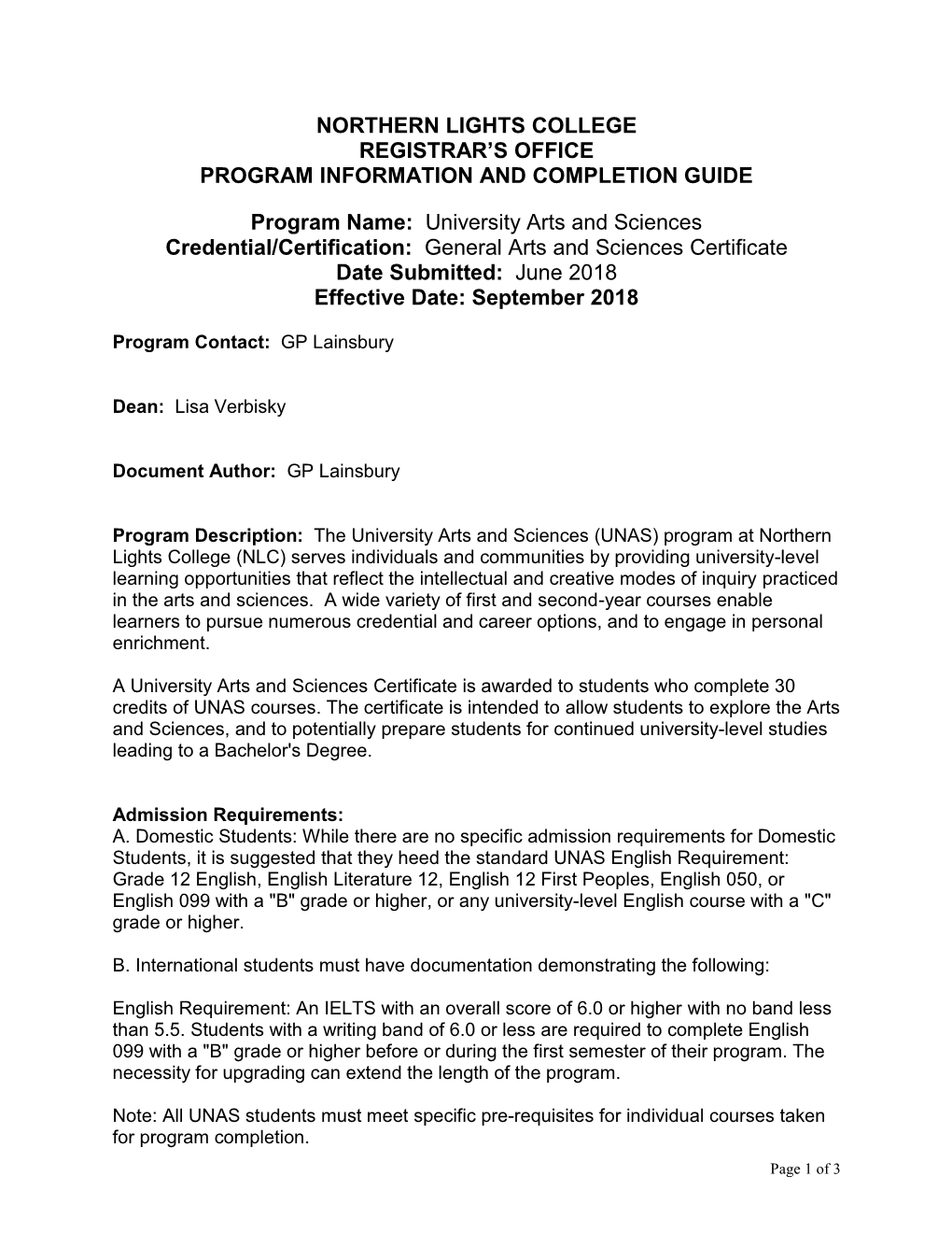 Northern Lights College Registrar’S Office Program Information and Completion Guide