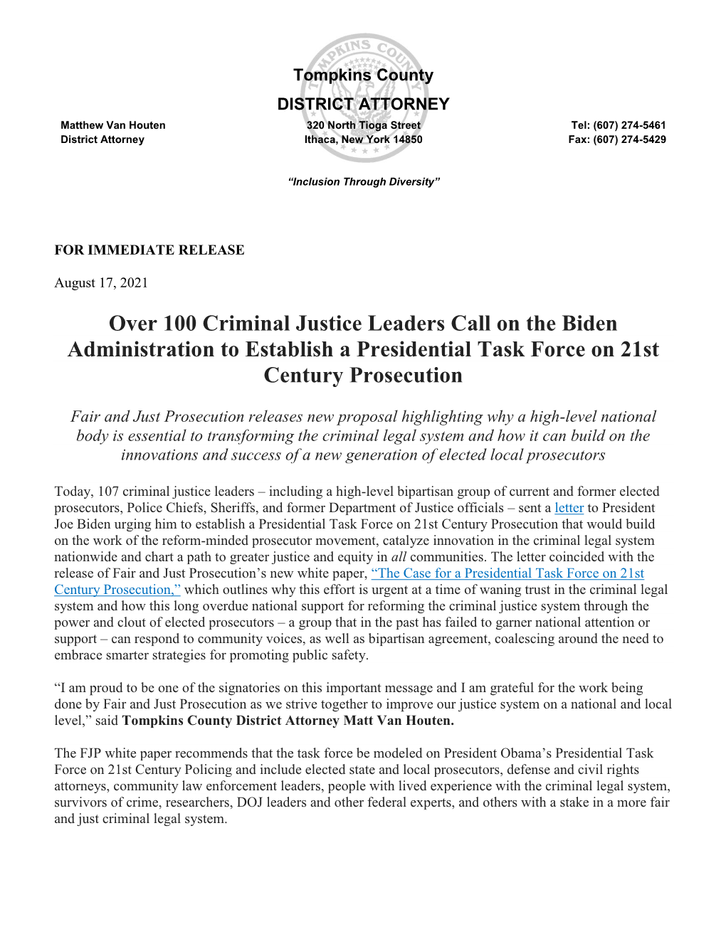 Over 100 Criminal Justice Leaders Call on the Biden Administration to Establish a Presidential Task Force on 21St Century Prosecution